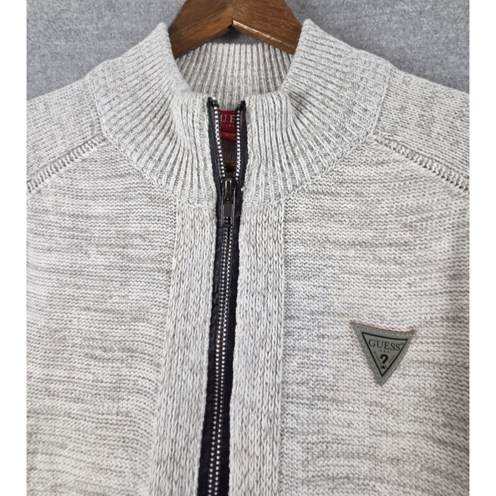 GUESS Full Zip Mock Neck Long Sleeve Cable Knit Cardigan Sweater L Retro Logo